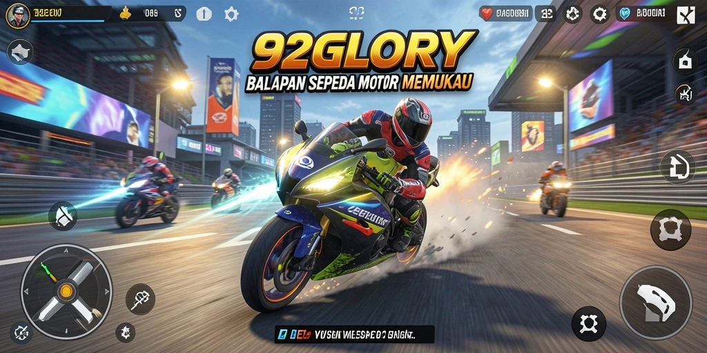 Tampilan balapan mendebarkan di 92GLORY dengan sepeda motor cepat.