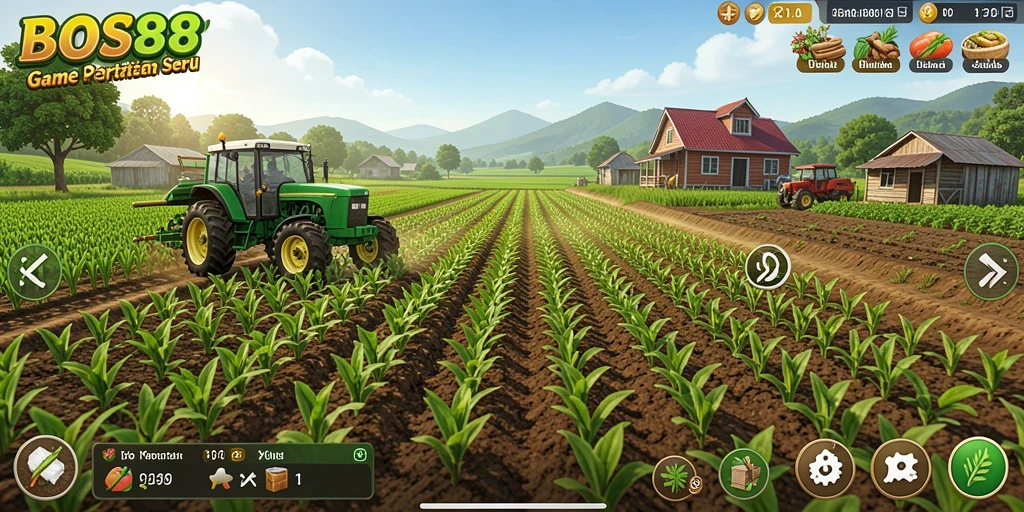 Tampilan gameplay <strong>BOS88</strong> yang penuh warna dan menarik dengan aktivitas bertani.