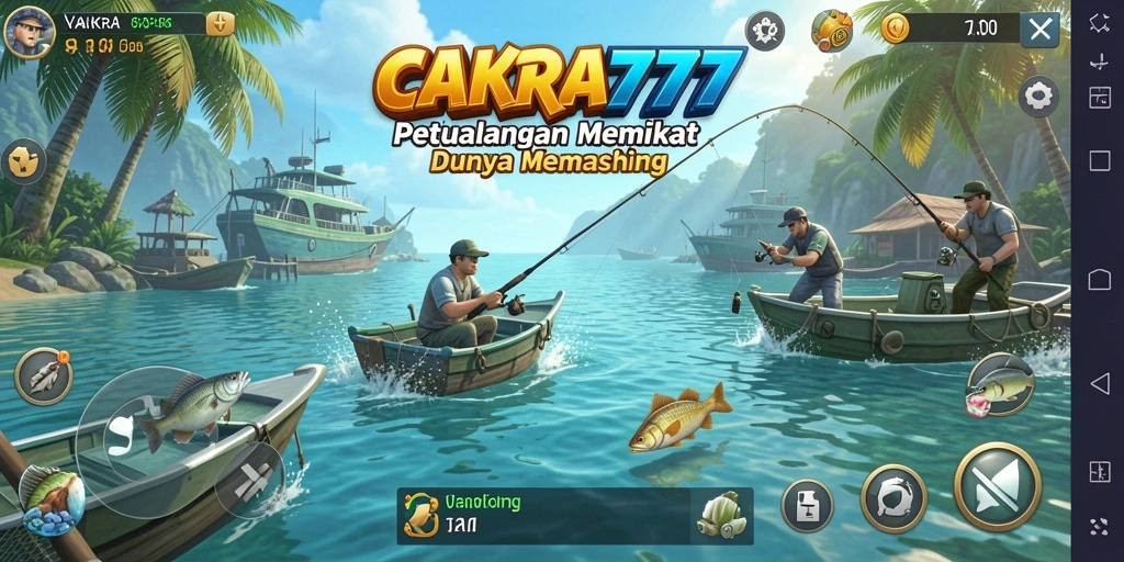 Screenshot gameplay CAKRA777 dengan ikan yang sedang ditangkap.