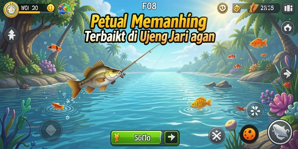 Screenshot gameplay F08 menampilkan aksi seru memancing di lokasi indah.