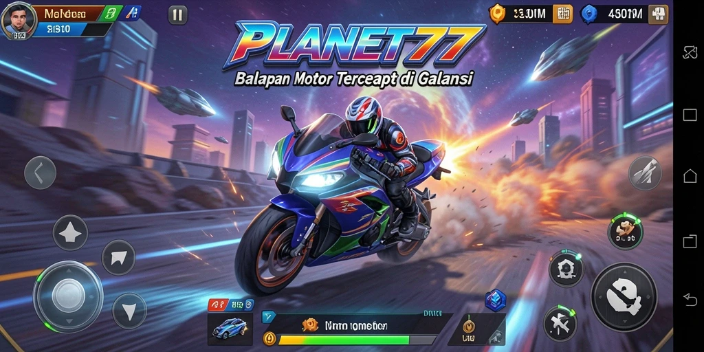 Tampilan gameplay seru dengan motor balap di trek menantang.