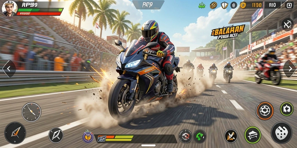 Tampilan gameplay intens dalam balapan motor RP99.